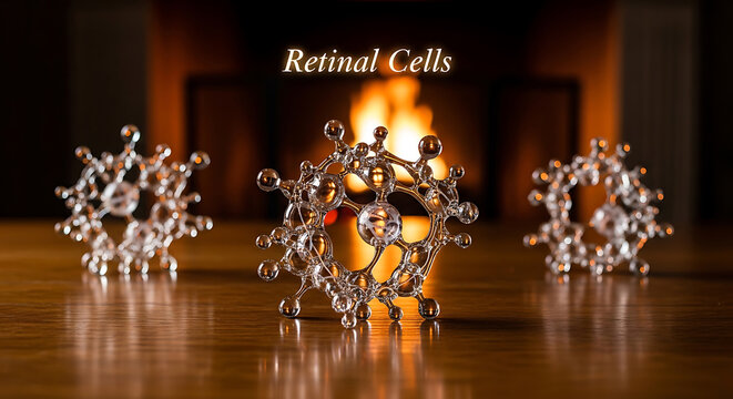 Molecular structures of retinal cells are arranged on a wooden table with a fireplace in the background