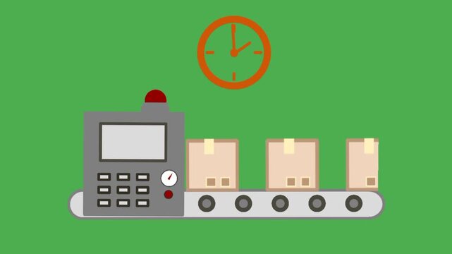 Boxes moving on conveyor belt with clock icon representing production and delivery process