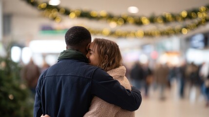 Fototapeta premium Couple embracing in festive atmosphere, surrounded by holiday de