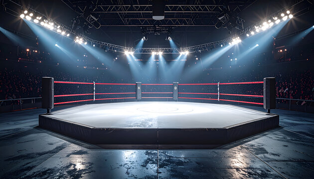 An empty boxing ring is dramatically lit in a large arena, ready for a fight.