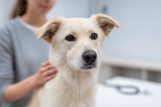 Gentle dog receiving care at veterinary clinic, showcasing compa