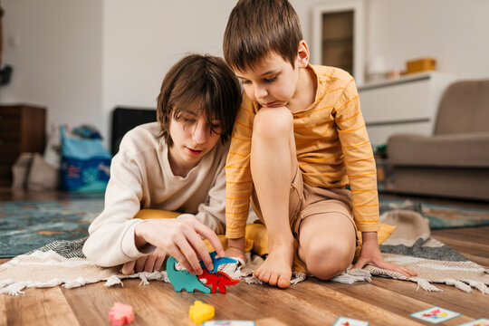 Brothers playing with colorful dinosaur toy on the floor at home
