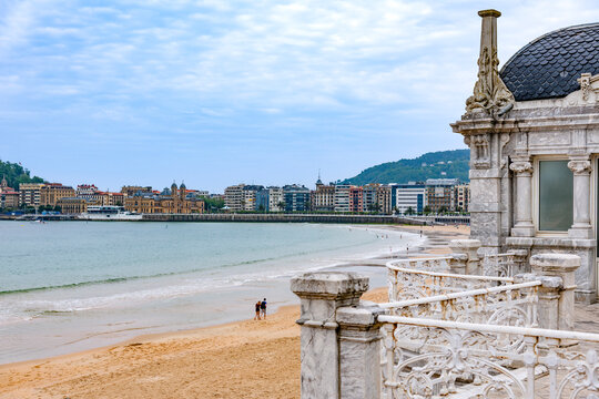 View of the city beach and old town in San Sebastian Spain