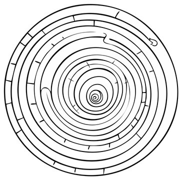 Circular maze with a winding path leading to the center and a stylized arrow at the exit