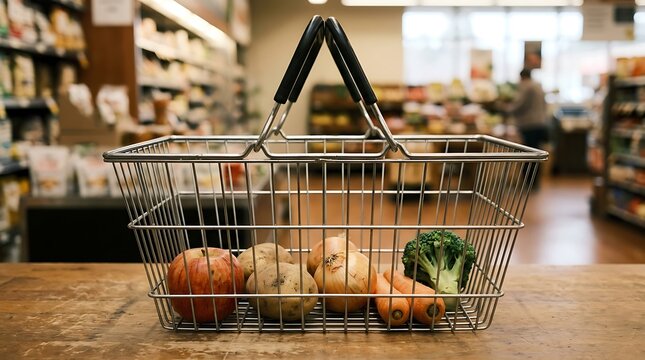 A metal shopping basket filled with fresh produce like carrots, onions, and broccoli, placed on a wooden counter in a brightly lit grocery store aisle, showcasing healthy food choices