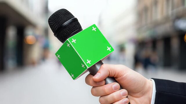 Journalist Holding Microphone with Green Screen Cube on City Street