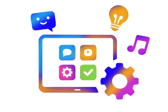 Colorful mobile app icons with gear and lightbulb