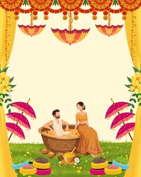 Wedding Invitation Haldi Yellow and Orange Illustrated Blank Card Background