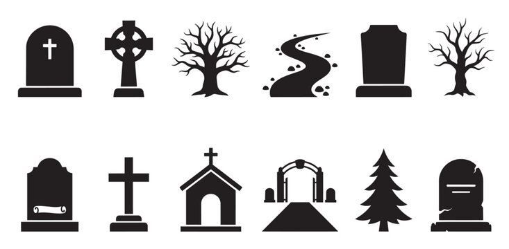 A black and white graphic collection of cemetery elements including tombstones, crosses, bare trees, and an arched gateway, suitable for memorial or spooky themes.