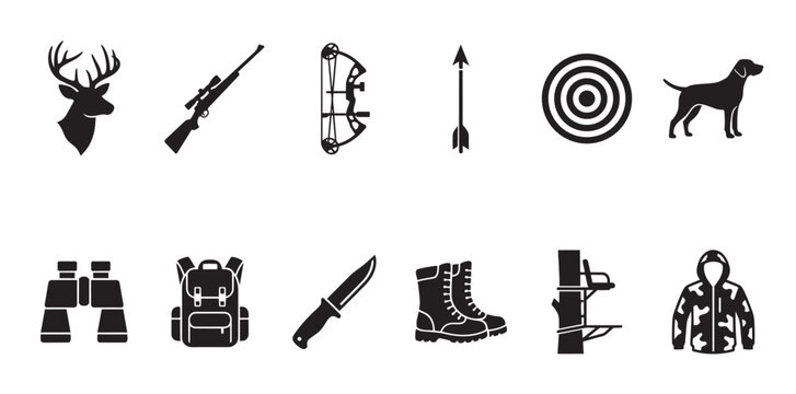 A collection of black silhouette icons representing various hunting gear and animals, including a deer, rifle, bow and arrow, target, dog, binoculars, backpack, knife, boots, tree stand.