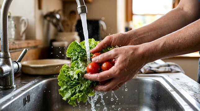 Washing fresh lettuce and cherry tomatoes under running water in a kitchen sink