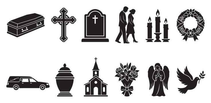A collection of black silhouette icons representing funeral services, grief, mourning, and remembrance, including a coffin, cross, tombstone, mourners, candles, wreath, hearse, urn, church, flowers.