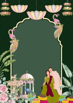 Wedding Invitation Mehandi Green and Cream Illustrated Blank Card Background