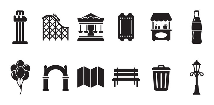 A collection of black silhouette icons representing various amusement park elements such as a roller coaster, carousel, ticket, and food stall on a white background.