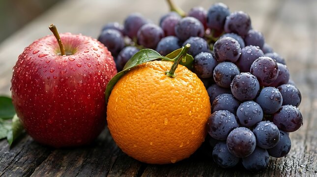 A close-up shot of a fresh red apple, juicy orange, and ripe purple grapes, glistening with water droplets on a wooden surface