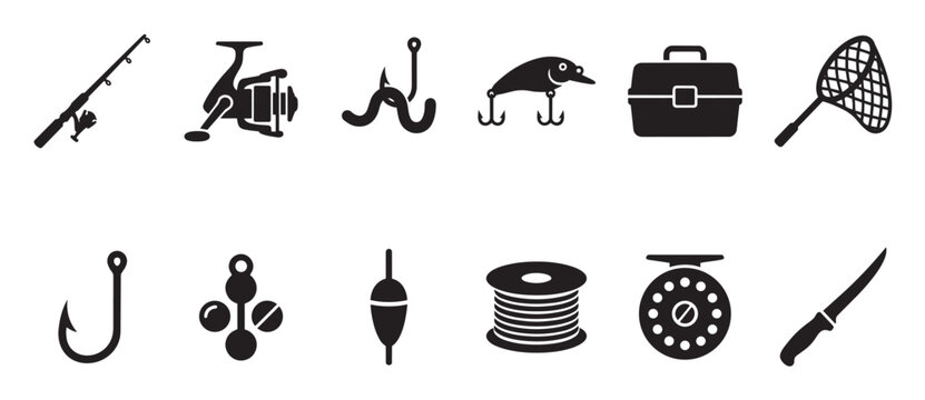 Collection of black silhouette icons representing various fishing equipment, including rods, reels, lures, hooks, a tackle box, and a net, on a white background.