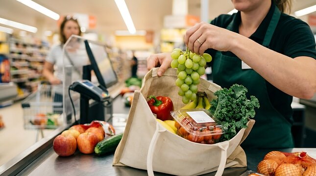 Supermarket cashier carefully packing fresh produce and groceries into a reusable fabric bag at the checkout, highlighting healthy lifestyle choices and eco-conscious shopping