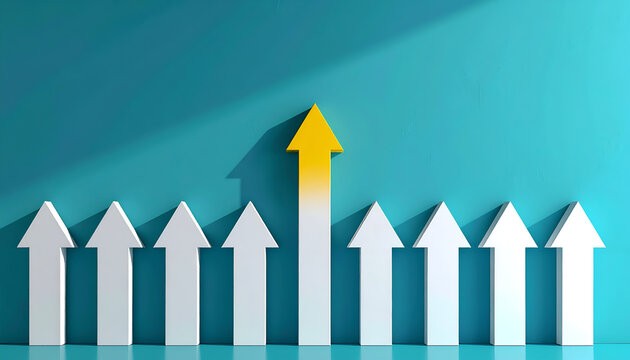 A vibrant yellow arrow stands out prominently against a row of white arrows set against a teal background, symbolizing growth and exceeding expectations.
