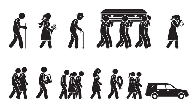 A collection of black pictogram icons depicts a solemn funeral procession with mourners carrying a coffin, flowers, a wreath, and a hearse.