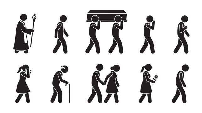 A collection of black stick figure icons depicts a funeral procession with pallbearers carrying a coffin, mourners expressing grief, and a figure in ceremonial robes.