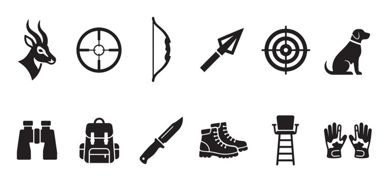 Collection of black and white icons representing various hunting and outdoor activity elements including a gazelle, dog, bow, arrow, and gear.