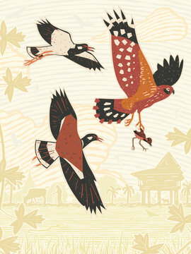 Harrier stealing chick mobbed by plovers in rural vector illustration