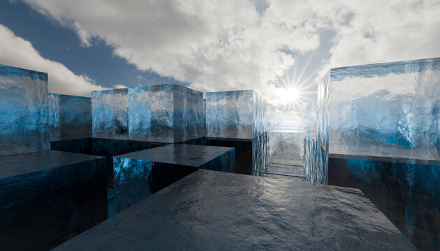 Large transparent ice cubes under a cloudy sky with bright sunlight