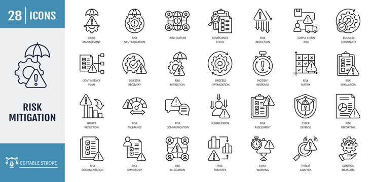 risk mitigation icon set. Icons Includes assessment, contingency plan, threat analysis, matrix, impact reduction, early warning, avoidance. Outline icon set. Vector illustration with editable stroke