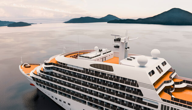 Aerial view of a luxury cruise ship sailing on tranquil water
