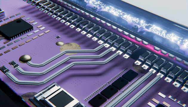 Futuristic illuminated purple 3D circuit board and data flow
