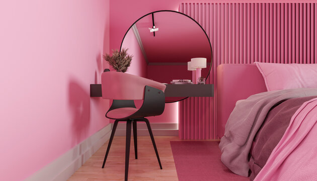 Modern pink bedroom with vanity desk and copy space