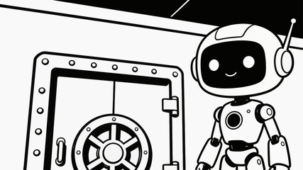 Technological guardian A charming robot stands beside a robust safe, embodying concepts of data protection, cyber security, and secure digital assets in a minimalist illustration © MuhammadHaris
