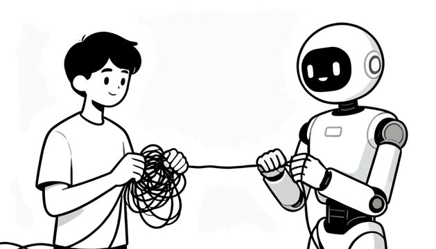Friendly robot character guards a secure vault, a minimalist black and white vector illustration symbolizing modern technology, cybersecurity, and data protection