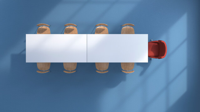 Top view 3d rendering of empty conference table with one red chair
