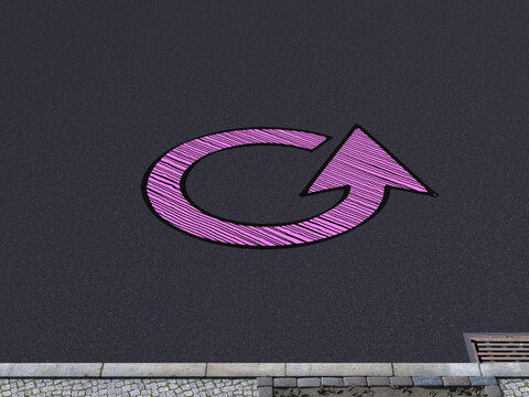 Pink circular arrow on dark asphalt street