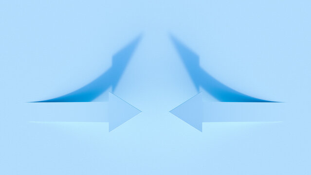 Two abstract 3D blue arrows pointing at each other