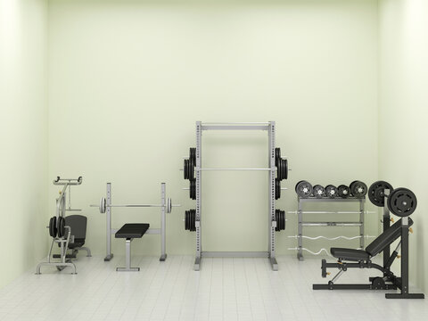 Empty gym room with power training equipment and copy space