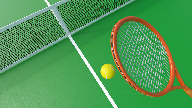 3d rendering of tennis racket hitting ball over net on green court