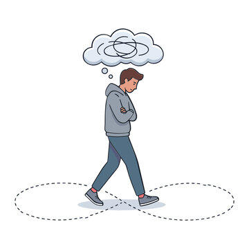 A man walks along a dotted path with a puzzled expression and thought bubble