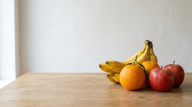 A vibrant still life of fresh, ripe bananas, sweet oranges, and crisp red apples, elegantly presented on a natural wooden table, perfect for a healthy lifestyle