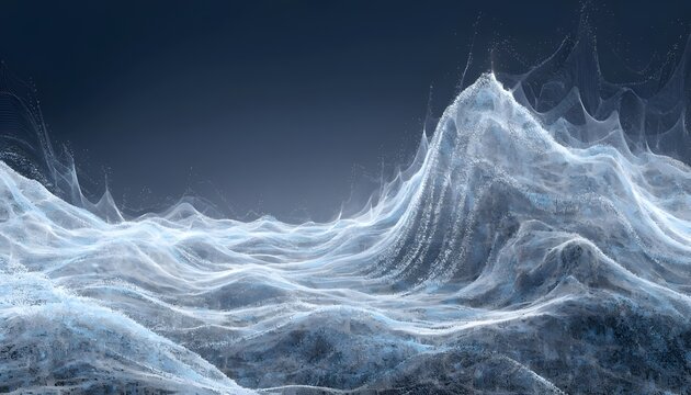 Dramatic black and white mountain range with flowing wave-like cloud formations at sunrise