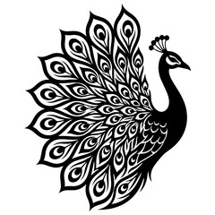Fototapeta premium Black silhouette of a peacock with elegantly fanned tail feathers