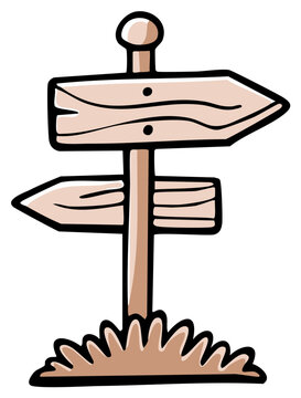 Hand drawn cartoon wooden signpost with two arrows pointing in opposite directions for choice and guidance
