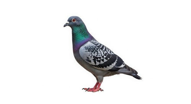 Rock pigeon with iridescent neck feathers, urban feral pigeon standing in profile, common grey city bird with black wing bars isolated on White Background