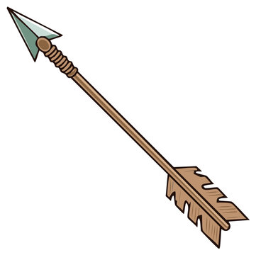 Simple cartoon illustration of a traditional hunting arrow with wooden shaft and stone arrowhead
