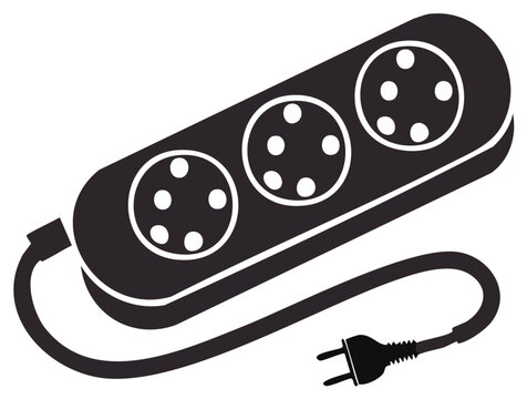 Black Extension Cord with Three Outlets: Vector Illustration Power Supply
