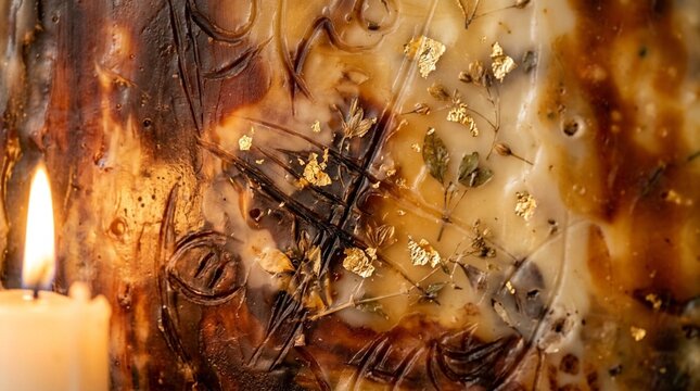 Textura enc&aacute;ustica em cera de abelha com pigmentos naturais e folhas douradas em close macro
