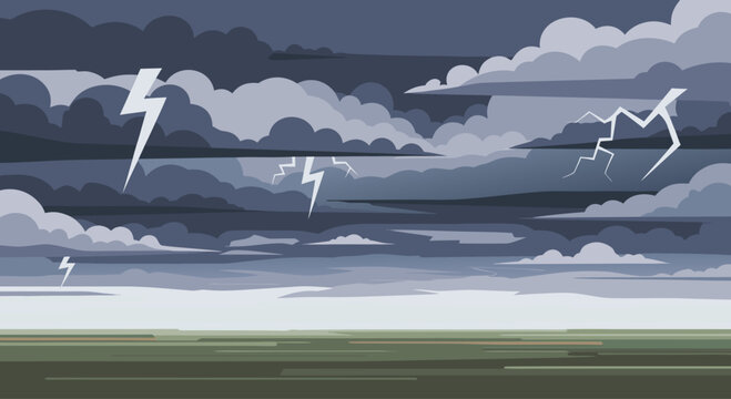 Dark thunderclouds producing lightning over open plain