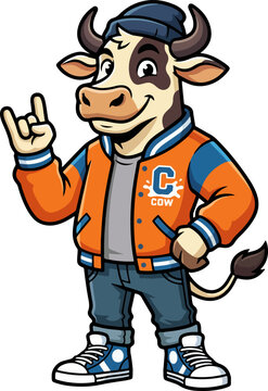 Cool Rocker Cow Mascot Vector Wearing Varsity Jacket and Beanie
