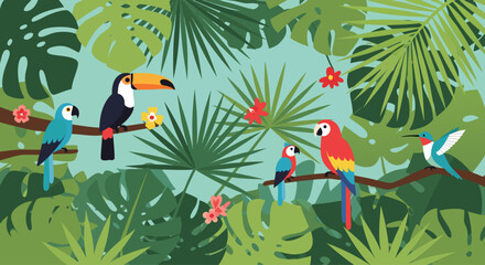 Fototapeta premium Tropical birds perching on branches amid dense jungle foliage